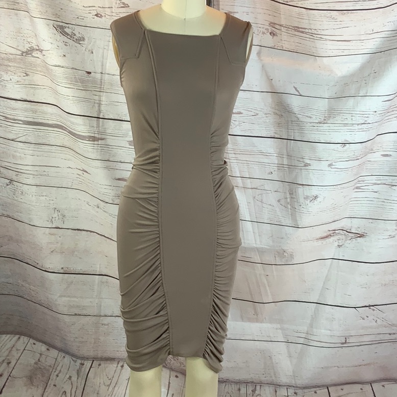 Bcbgmaxazria Tan Side Ruched Stretch Bodycon